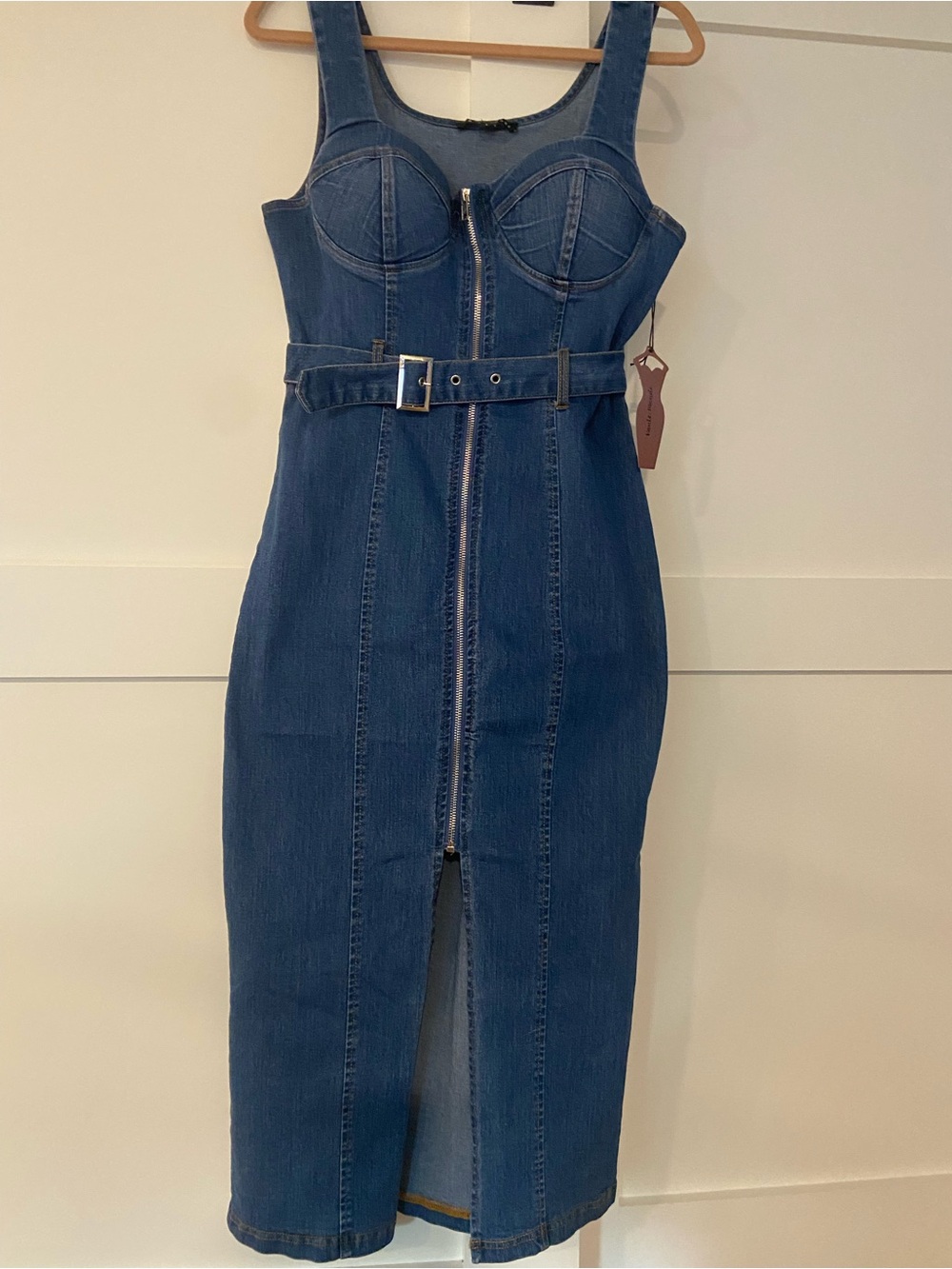 Haute Monde Blue Denim Midi Dress with Front Zip and Belt